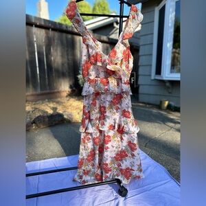 Lulu’s Fluer - EvermoreBlush Pink Floral Print Ruffled Midi Dress size L